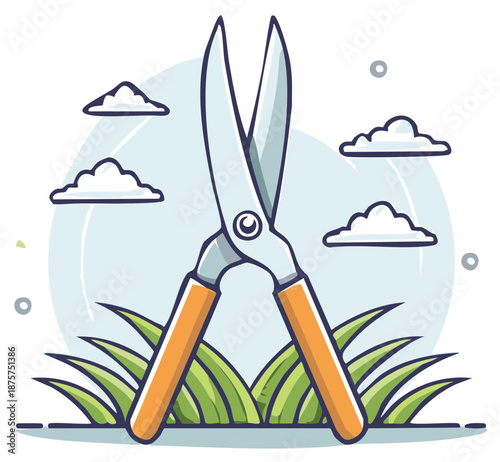 Illustration of gardening tool shears, cutting grass against sky with clouds