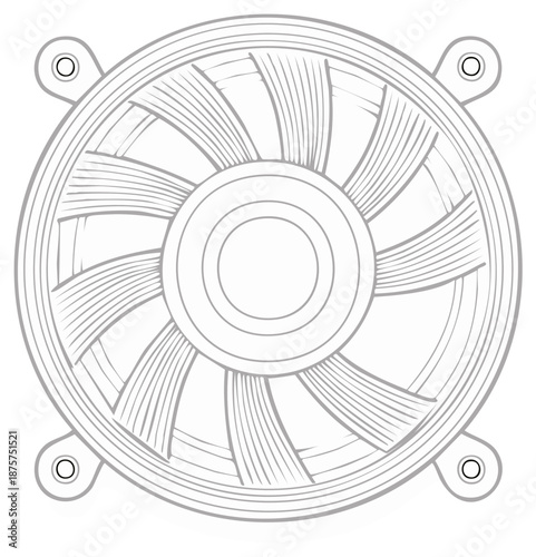 Computer cooling fan outline illustration with blades and mounting holes a minimalist vector drawing