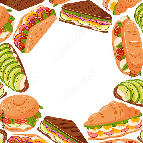 Sandwich border with baguette, croissant, toast and bagel in flat style. Food frame on white background for menu, packaging, poster and cafe design.