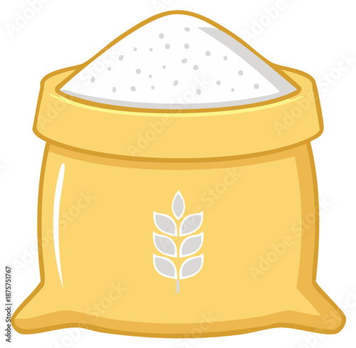 Open Yellow Bag Filled with Flour Illustration featuring a grain stalk symbol on the front, Baking ingredients.