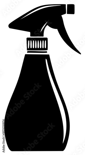 Black and white spray bottle icon illustration for cleaning products and sanitation.