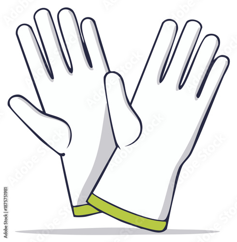 Pair of illustrated white gardening gloves with green trim. Protective wear for cleaning and yardwork with clean design.