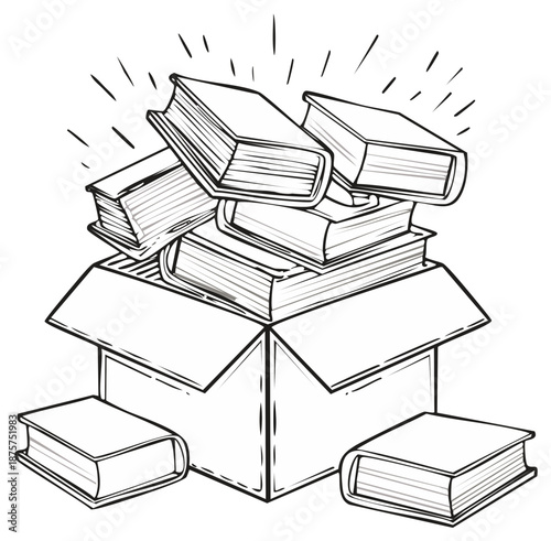 Burst of knowledge books spilling out of a cardboard box hand drawn illustration for education