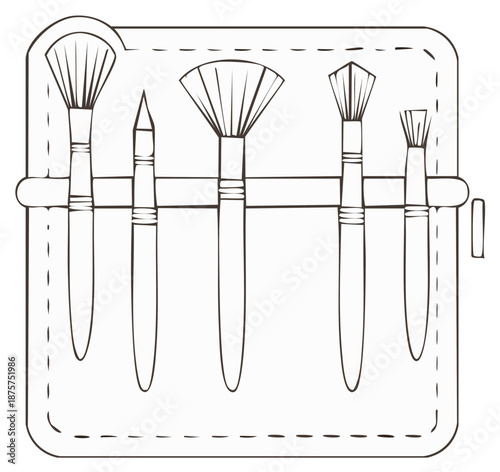 Outline illustration of a cosmetic brush kit in a travel organizer pouch