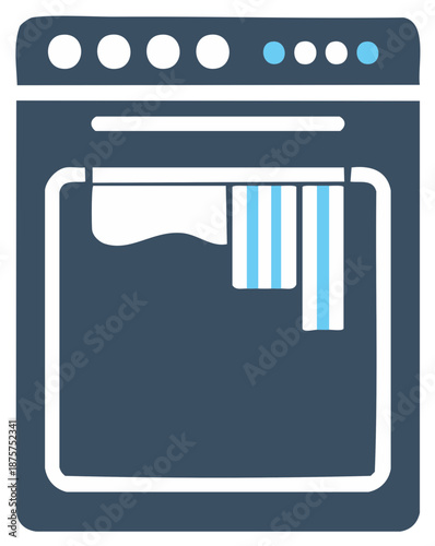 Household washing machine icon showing clothes and water during laundry cycle cleaning