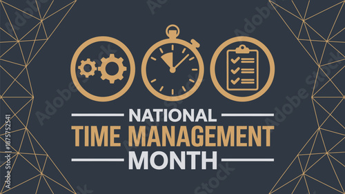 National Time Management Month Professional Banner with Productivity Icons, Clock, Gears and Checklist for Business Efficiency and Planning