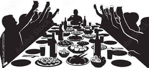 Silhouette of people celebrating around a table filled with food and drinks in a black and white celebration