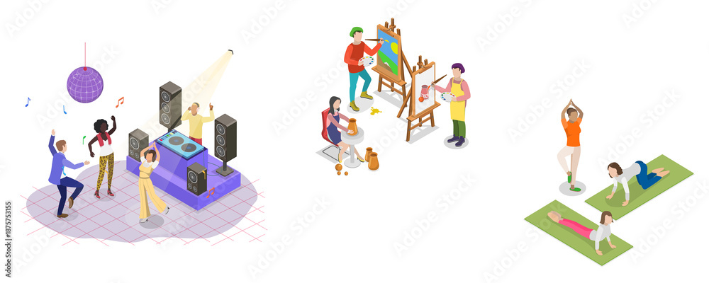 Fototapeta premium 3D Isometric Flat Illustration of Peoples Hobbies Variety, Set Depicting Entertainment And Recreation As Abstract Concepts