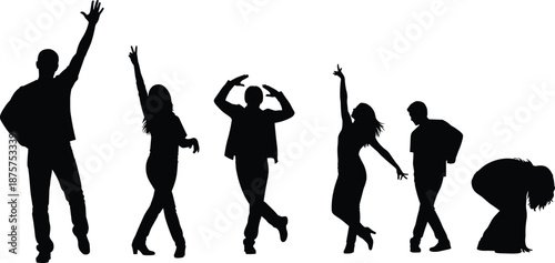 Silhouettes of expressive human figures in dynamic poses including dancing, leaning, and gesturing for motion, emotion, and vector design content