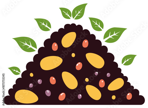 Fertile garden soil mound with seeds and sprouting green leaves illustration