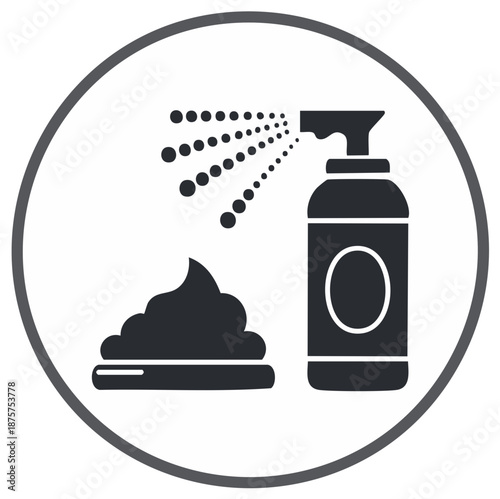 Shaving Cream Spray Container with Foam Ready for Use Flat Vector Icon Circle with a Frame Design, Dark Gray and White