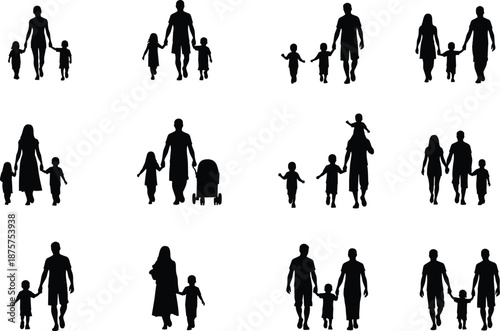 Silhouettes of diverse family groups including adults, children, strollers, and shoulder rides for parenting, unity, love, and vector design content