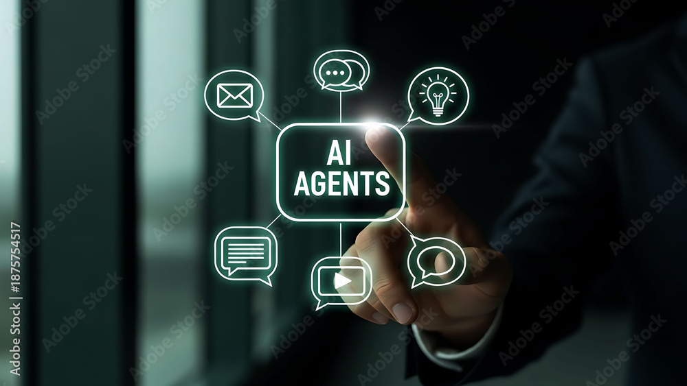 Fototapeta premium Man touching glowing light bulb icon representing smart AI agents