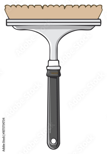 Window cleaning squeegee tool with brown bristles and grey handle