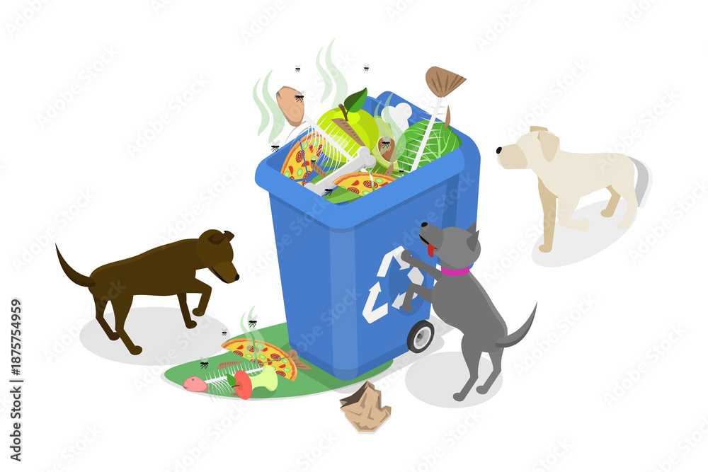 Ταπετσαρία 3D Isometric Flat  Illustration of Hungry Homeless Animals, Stray Dogs Digging I