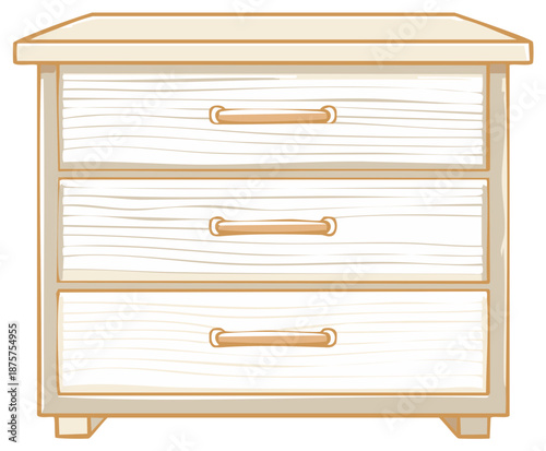 Cartoon Illustration of a Small White Wooden Dresser with Three Drawers