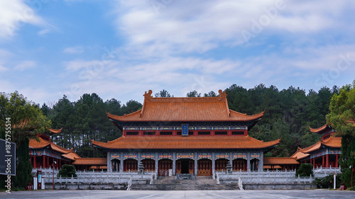 Slika na platnu Historic Chinese Temple with Orange Tile Roofs in Hunan Province
