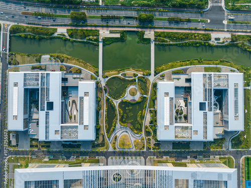 Tableau sur toile Yuhang District Hangzhou Aerial View - Modern Buildings and Green Courtyard
