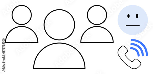 Customer service, communication, connection, social interaction, teamwork, remote assistance. Abstract human figures with a phone icon and signal waves. Customer service and communication concept