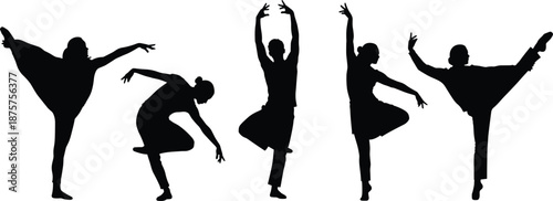 Silhouettes of ballet dancers in elegant and expressive poses showcasing grace, flexibility, and movement for vector performance design content