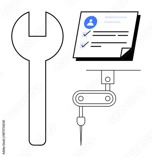 Wrench next to a checklist and mechanical arm emphasizing tools, task management, and industrial automation. Ideal for technical support, quality assurance, manufacturing, productivity, engineering