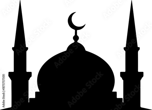 Black mosque silhouette with dome and crescent moon for islamic design