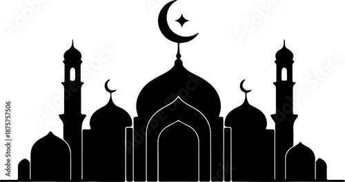 Islamic mosque silhouette with crescent moon, dome and star