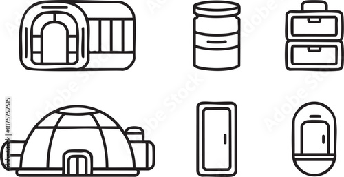 Collection of six black outline representing shelters and containers igloo tent