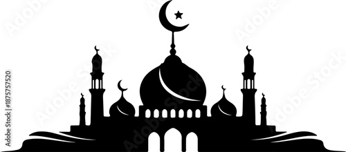 Mosque silhouette with central dome and minarets vector 
