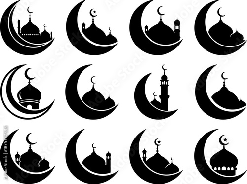 Black silhouettes of mosques with crescent moons and minarets vector collection