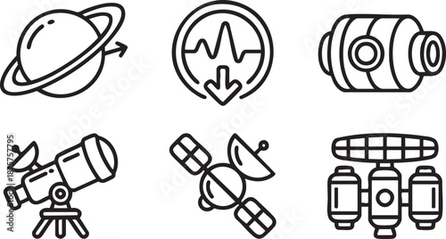 Set of six black line depicting space exploration and science themes technology astronomy