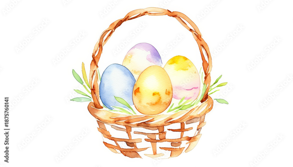 Fototapeta premium Watercolor eggs in basket, soft spring colors
