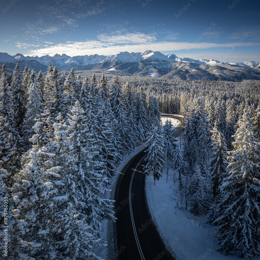 Naklejka premium Winter panorama of the Tatra Mountains from Głodówka viewpoint, Poland. Snow-covered peaks, dramatic sky and alpine landscape captured from above.
