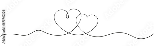 Two love hearts ribbon calligraphy line decoration, intertwined hearts outlines, drawn heart in thin one continuous line greeting invitation, wedding love, valentines, mother day, romantic feelings