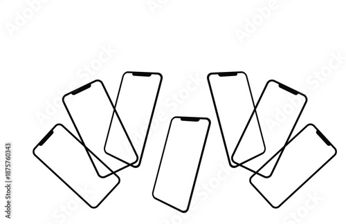 Scattered outlines of modern smartphones featuring blank screens arranged dynamically against a stark white background suggesting digital device presentation or replacement parts.