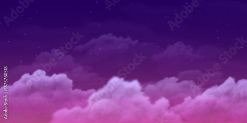 Night sky vector background, realistic dark cloudscape with fluffy clouds and stars, dusk purple heaven cumulus effect