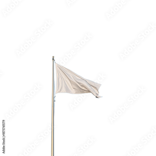 A white flag flying high on a pole against a dark background on transparent background