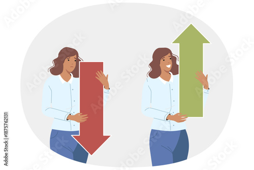 Woman business analyst holds up and down arrows, demonstrating growth or fall of company income. Girl analyst or accountant predicts increases and decreases in salaries due to market volatility