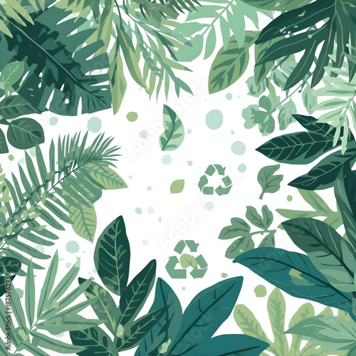 Vibrant green tropical leaves and leaves forming a border around a white space with recycling symbols