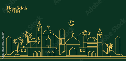Monoline style Ramadan Kareem mosque landscape illustration, minimalist Arabic Islamic housing, Islamic illustration for poster, wallpaper and greeting card.
