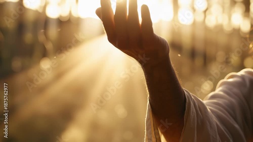 Hand of Jesus reaching out to people in a warm light setting near a forest