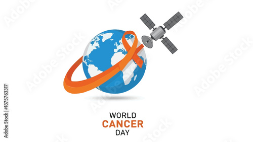 World cancer day illustration with orange ribbon wrapped around earth and satellite in orbit