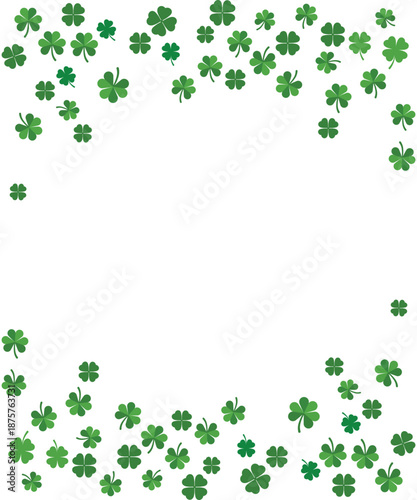 Green shamrocks and four-leaf clovers frame on white background. St. Patrick's Day border for Irish holiday cards, luck concepts, invitation designs, and spring seasonal graphic projects.
