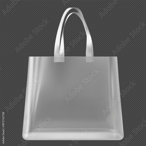 Transparent white plastic tote bag with upturned handles, front view.