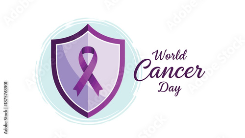 Purple ribbon shield graphic design for world cancer day awareness campaign with protective symbol and purple text on white background