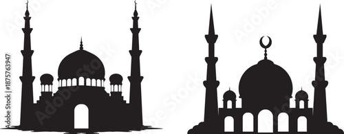 Mosque Silhouette Vector Set, Islamic Masjid with Minaret, Ramadan and Eid Religious Illustration