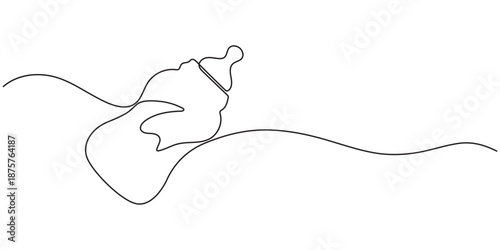 Baby feeder bottle one continuous line drawing concept of baby care minimalist, Continuous one line drawing of baby feeding bottle. Baby drink bottle with love outline vector illustration. Editable.