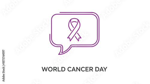 World cancer day awareness symbol with purple ribbon in speech bubble on white background