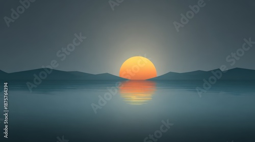 Serene Sunset Over Calm Water with Silhouetted Mountains