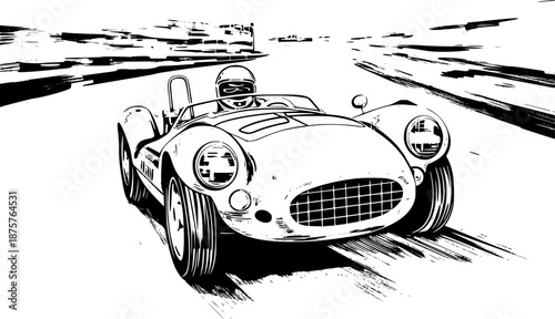 Retro race car with open cockpit and large tires in hand drawn black and white outline illustration artwork